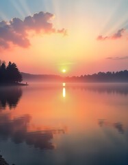 Obraz premium Lake sunset. Person enjoys calm water. Colorful sky reflects in lake. Orange and pink hues. Tranquil nature scene. Perfect for travel nature peace meditation themes.