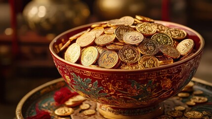 Golden coins in ornate bowl, wealth concept