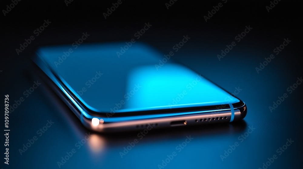 Poster sleek smartphone on dark background with blue light reflection.