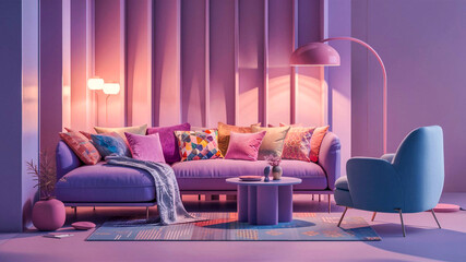 Playful and bright living space with lavender sofa colorful cushions light blue armchair pink floor lamp and soft pastel accents.
