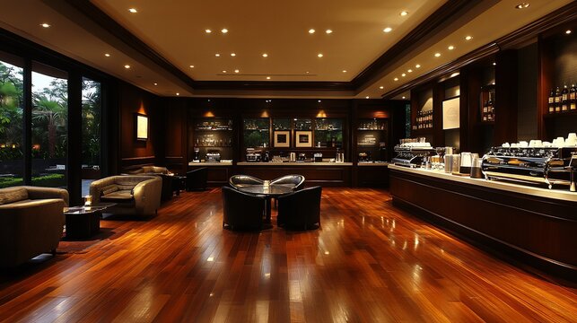 Upscale coffee shop interior with hardwood floors, comfortable seating, and espresso bar.