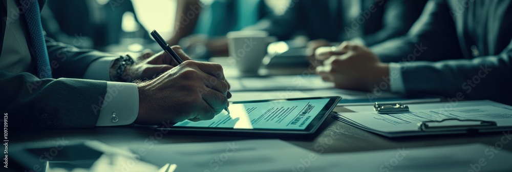 Poster A business meeting with individuals discussing documents and using a tablet for notes.