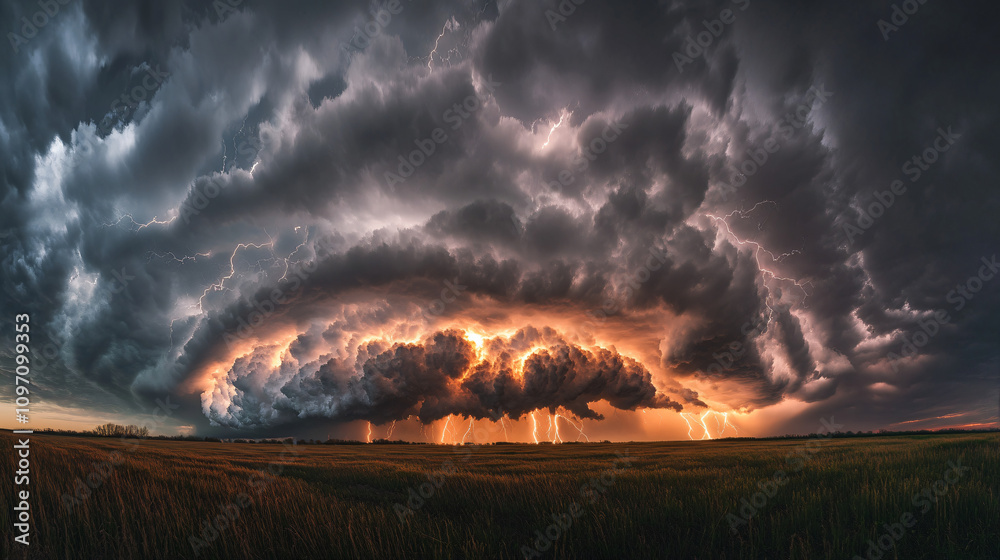 Poster Multiple lightning strikes illuminate a field at sunset, creating a dramatic and powerful weather event