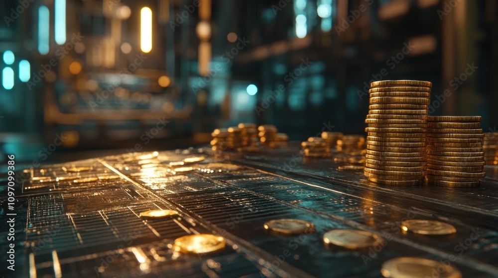 Poster A close-up view of stacked coins on a metallic surface in an industrial setting.