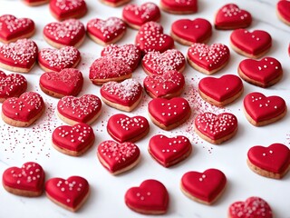Heart-shaped cookies decorated with red icing and sprinkles arranged on a white surface for a celebration