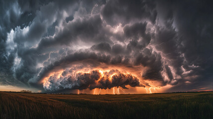 Multiple lightning strikes illuminate a field at sunset, creating a dramatic and powerful weather event