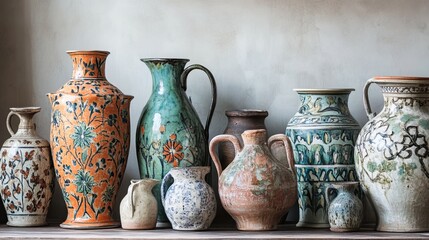 Charming rustic earthenware, including an intricately adorned ceramic vase and an amphora jug inspired by ancient designs, exudes a timeless appeal. 
