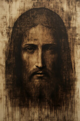 Fototapeta premium A detailed sketch portrays a calm, serene visage on a rugged surface.