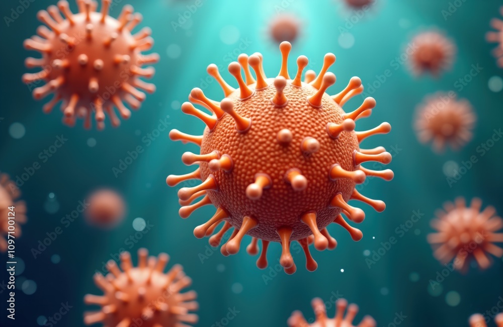 Poster orange virus particles float in blue fluid. spiky virus close up view. microscopic germ. disease res