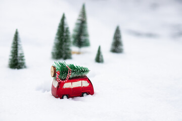 fir tree on a red car in snowy landscape