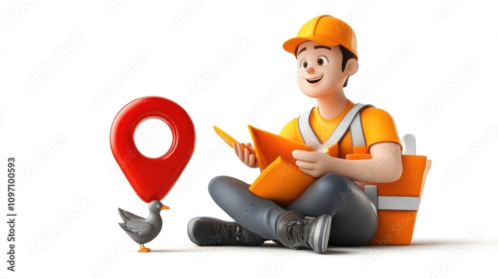 Poster A cartoon character in work attire sits with a notepad, accompanied by a duck and a location pin.