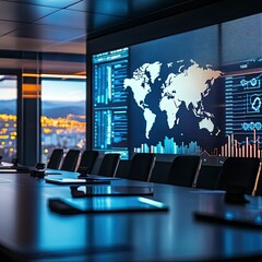 Conference room with world map and data on screen.