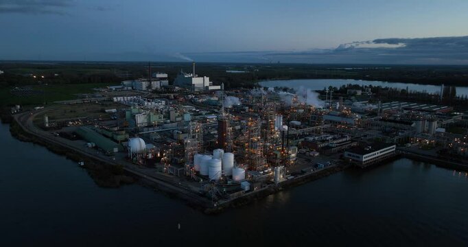 Chemical production facility, Dordrecht, The Netherlands, Aerial drone video. Production of per- and polyfluoroalkyl substances.
