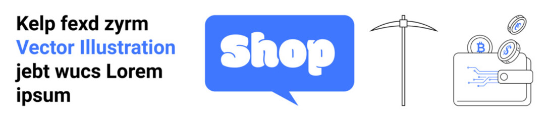 Blue Shop speech bubble text, a pickaxe for mining, and a wallet with cryptocurrencies like Bitcoin. Ideal for e-commerce shopping, cryptocurrency, blockchain technology, digital finance, and online
