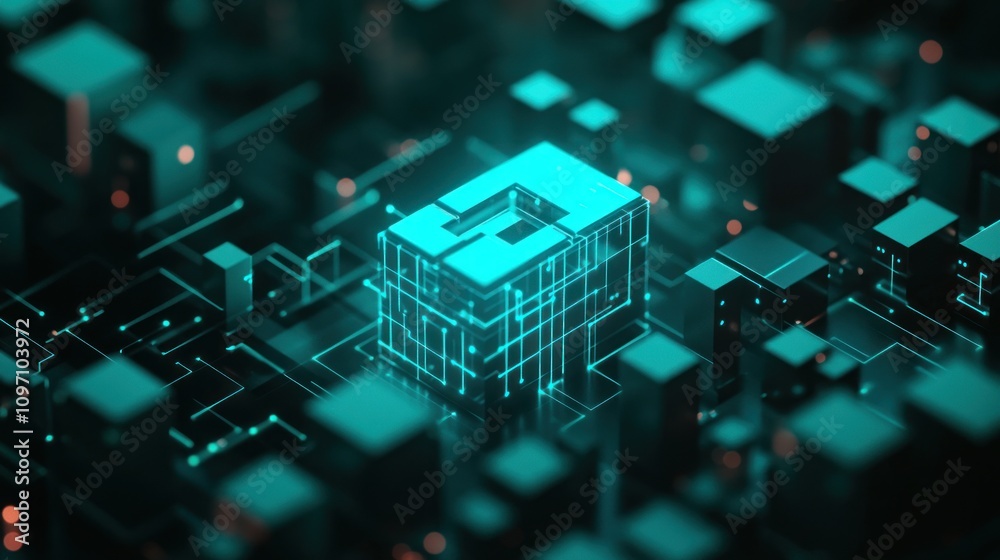 Poster a futuristic digital landscape with glowing cubes and network lines, representing technology.