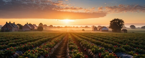 Sunrise over a vibrant strawberry field in a rural landscape with quiet houses in the background