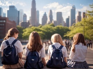 Fototapeta premium Friends enjoy a sunny day in the city, sitting together with a skyline view behind them