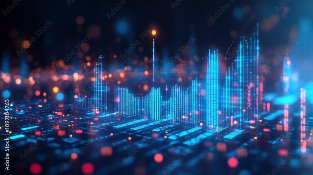 Aufkleber Abstract digital visualization of data with glowing bars and particles.
