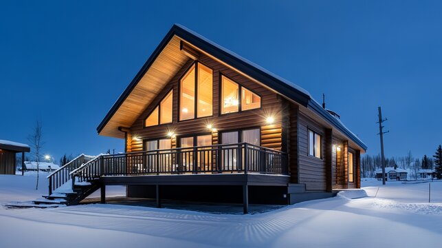 Cozy snowcovered wooden cabin near a ski resort with lights on captured in the evening