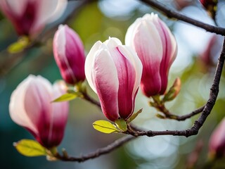 Fototapeta premium Beautiful magnolia flowers bloom on a tree branch in spring sunlight at a garden