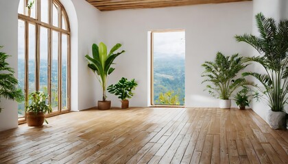 Bright, minimalist white room with wooden flooring, natural lighting, and lush green plants, creating a serene, airy atmosphere perfect for relaxation, creativity, or wellness-inspired