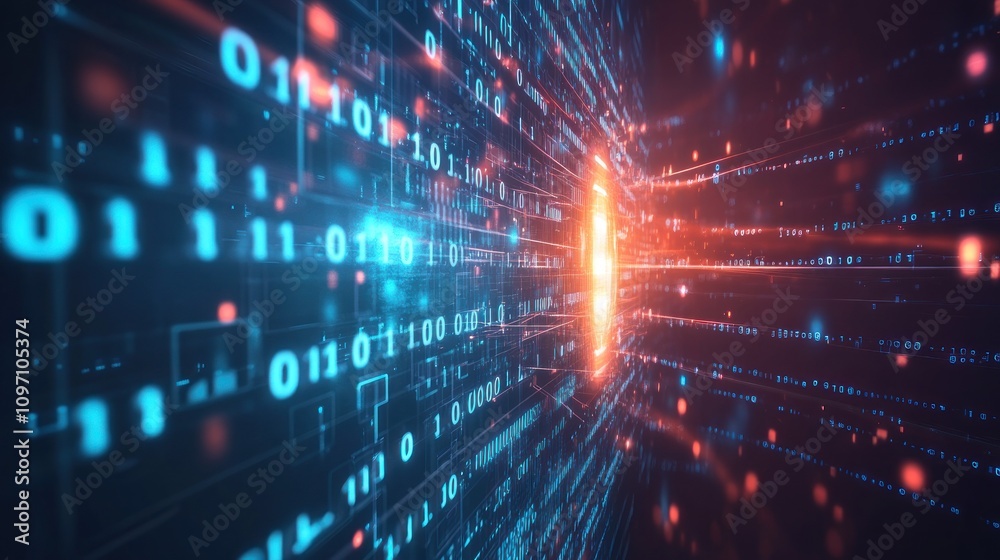 Aufkleber Abstract representation of data flow with binary code and glowing elements.