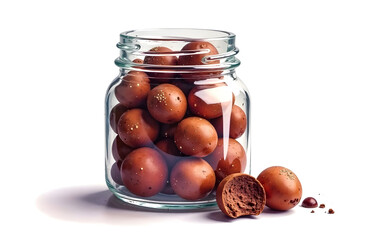 Round chocolate candies in a glass jar on a white background