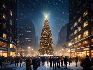 Obraz premium Crowd gathers around a large Christmas tree in downtown area during night snowfall