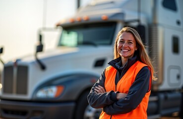 Fototapeta premium Smiling female trucker stands near big rig. Happy woman driver poses arms crossed. Portrait of confident professional. Long distance trucking career. Transportation industry.