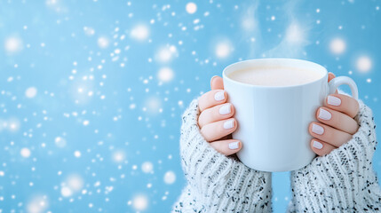 Fototapeta premium Warm hands holding cozy drink in snowy winter setting