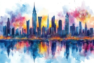 saudi national day celebration illustrated in watercolor style, featuring a vibrant cityscape with modern buildings and festive fireworks, capturing the essence of cultural pride and unity