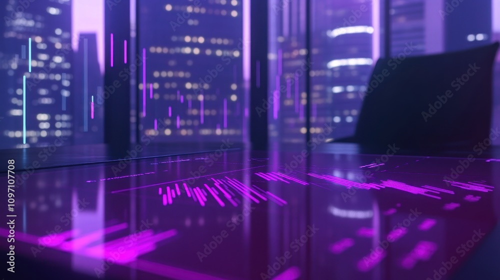 Poster a futuristic office space with glowing data visualizations and a city skyline backdrop.
