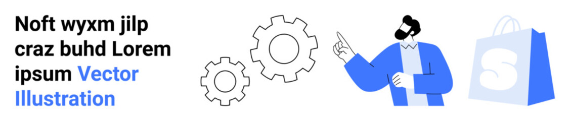 Businessman pointing at gears, representing efficiency improvement. Ideal for business, technology, automation, productivity, workflow optimization. Also includes a shopping bag with an S logo