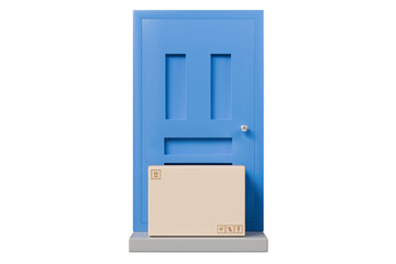 3D To Your Door Delivery icon. Minimal Courier delivery package in front blue door. Online Shopping Concept. Fast Delivery, logistic Concept. 3d Deliveries of online orders outside the door. 3d render