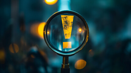 Magnifying glass focused on one among many virtual Exclamation mark. Frequently asked questions about the business. Identifying the problem and focusing on the solution. Innovation idea to success