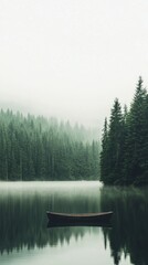 Obraz premium Stillness on a foggy lake with a wooden boat and dense forest