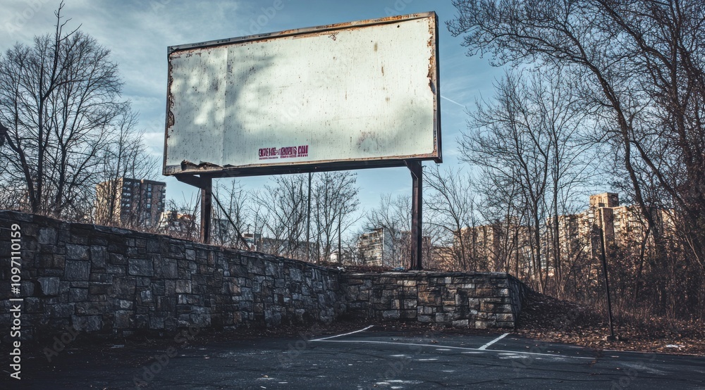 Poster An abandoned billboard stands in a desolate area, surrounded by overgrown trees and buildings.
