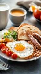 Hearty breakfast with eggs, sausages, and tomatoes served on a white plate in a cozy setting