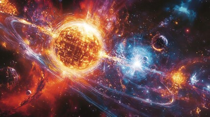 Theoretical scenario showing a Type II civilization on the Kardashev Scale using AI and quantum mechanics to manage the energy output of pulsars depicted with cosmic precision