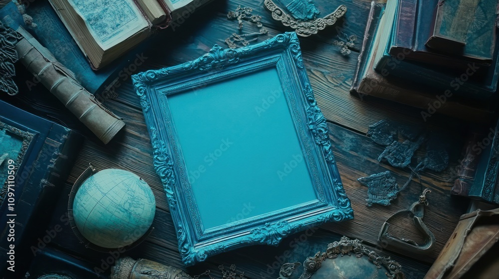 Poster A vintage setting with an empty ornate frame surrounded by books and a globe.