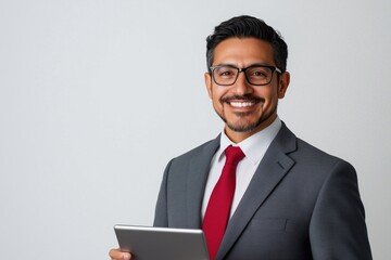 Happy mature Indian American 50s businessman holding digital tablet standing isolated on white background, smiling busy sales professional ethnic man corporate leader working on pad device.
