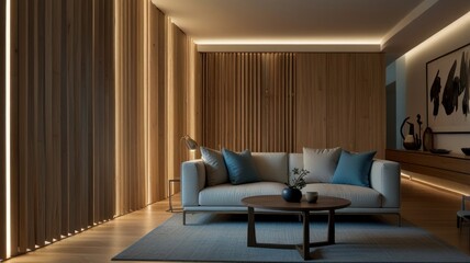 Fototapeta premium Modern minimalist living room with wood wall, sofa, and ambient lighting at night.