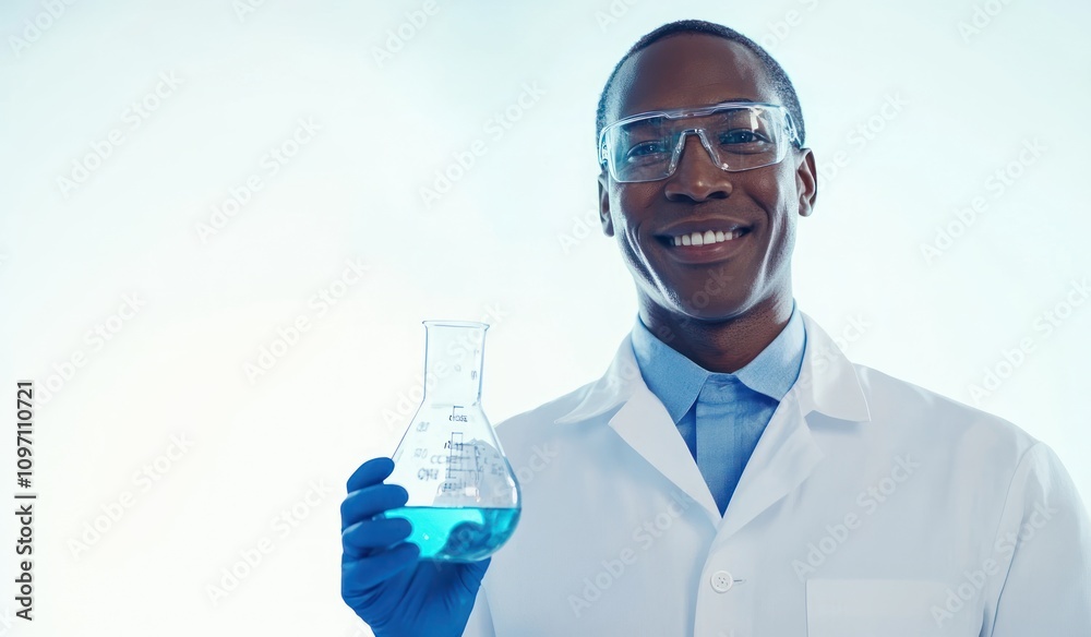 Aufkleber A scientist in a lab coat holds a flask with blue liquid, smiling confidently.