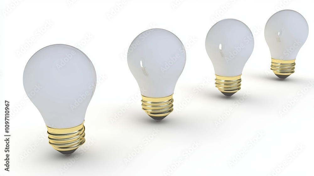 Wall mural Four light bulbs arranged in a row against a white background, symbolizing creativity and innovation.