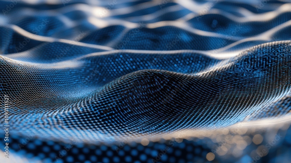 Poster Abstract representation of flowing waves in a digital landscape.