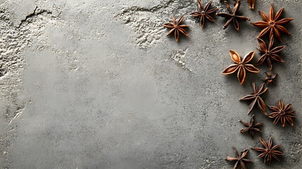 A detailed closeup of star anise spice on a gray stone surface with ample room for text in the image.illustration