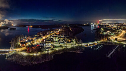 Lights of Pikisaari island in Oulu city at late evening
