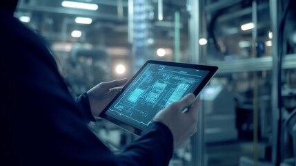 Digital Factory: A Close-up of a Tablet Displaying Industrial Blueprints