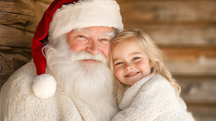 Obraz premium Santa Claus embraces a smiling child during Christmas joy