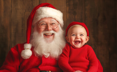 Fototapeta premium Smiling Santa Claus with a joyful baby in festive attire